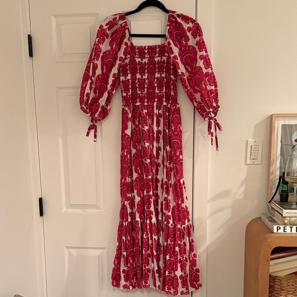 Cara Cara Red and White Floral Smocked Maxi Dress with Puff Sleeves and pockets